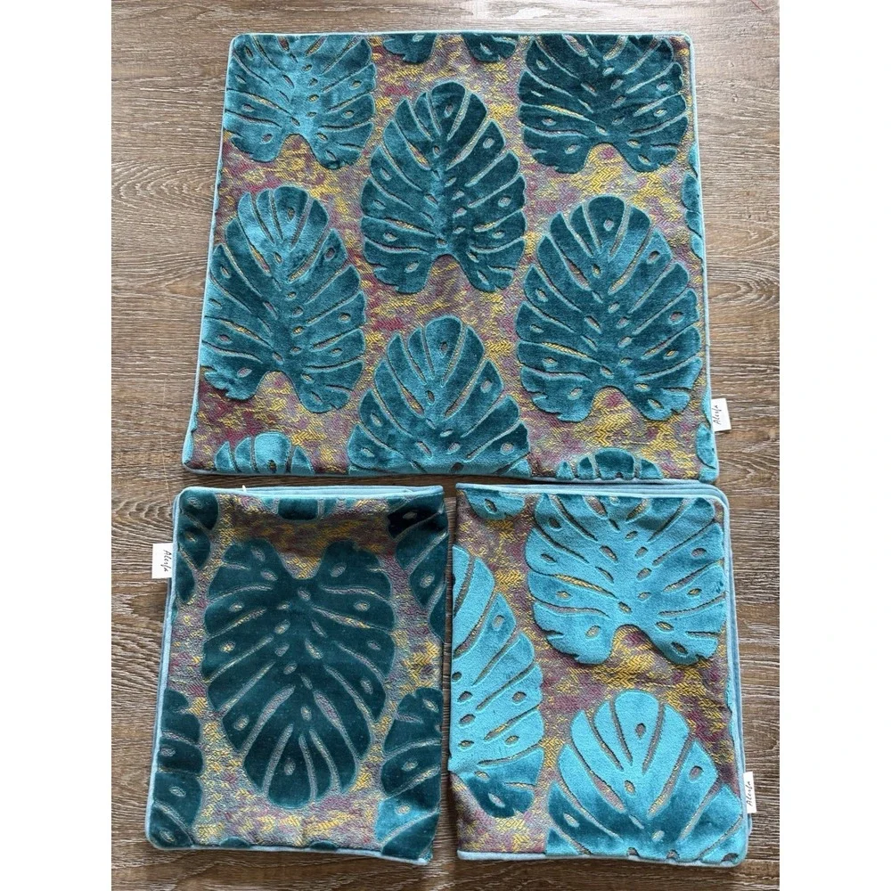 Alerfa Monstera‎ Leaf Pillow Embroidery Cut Velvet Cushion Case Lux Set Of 3